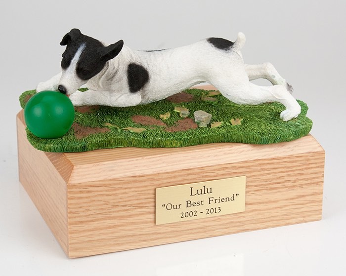 Jack Russell Terrier figurine cremation urn w/wood box