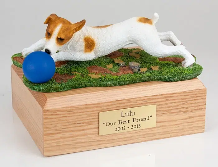 Jack Russell Terrier figurine cremation urn w/wood box