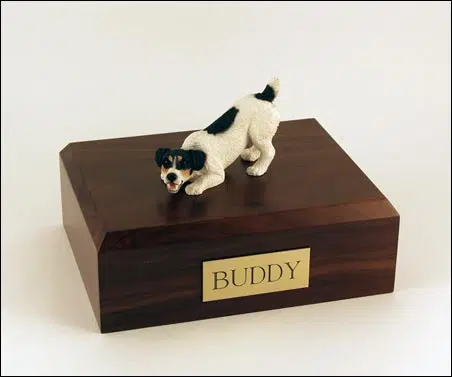 Jack Russell Terrier figurine cremation urn w/wood box