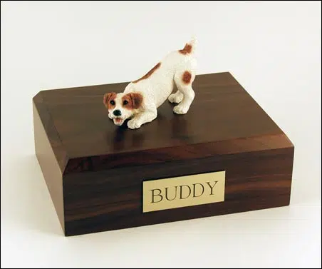 Jack Russell Terrier figurine cremation urn w/wood box