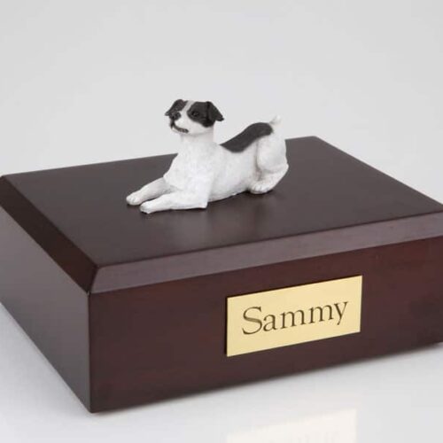 Jack Russell Terrier figurine cremation urn w/wood box