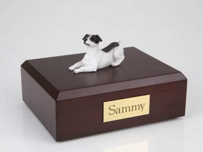 Jack Russell Terrier figurine cremation urn w/wood box