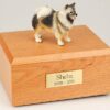 Keeshond figurine cremation urn w/wood box