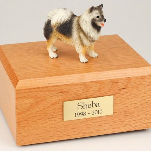 Keeshond figurine cremation urn w/wood box