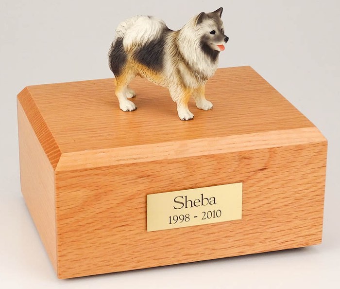 Keeshond figurine cremation urn w/wood box