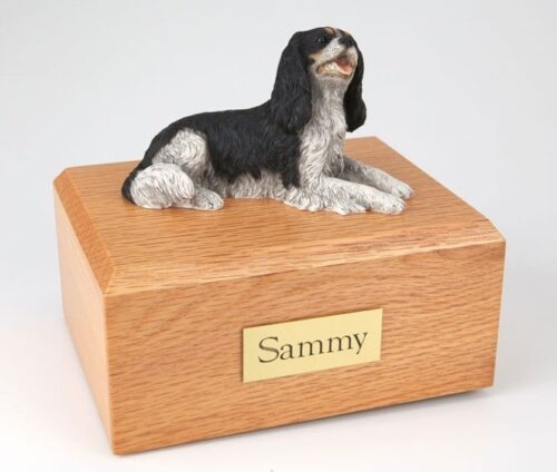 Black King Charles Spaniel figurine cremation urn w/wood box