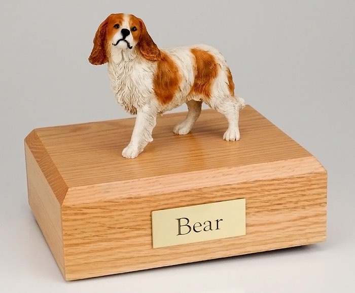 King Charles Spaniel figurine cremation urn w/wood box