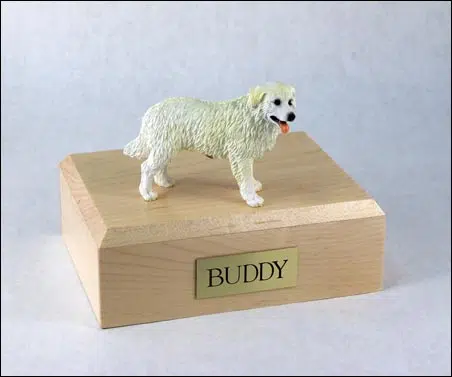 Kuvasz figurine cremation urn w/wood box