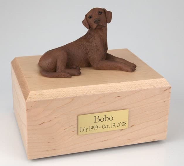 Chocolate Lab cremation figurine urn w/wooden storage box