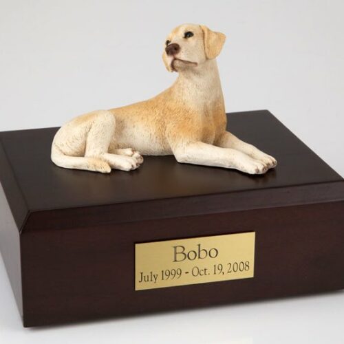 Yellow Lab figurine cremation urn w/wood box