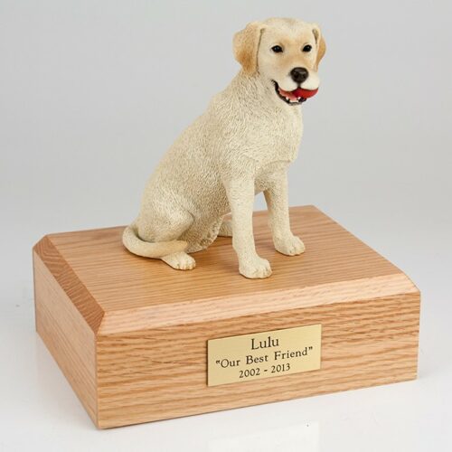 Yellow Lab figurine cremation urn w/wood box