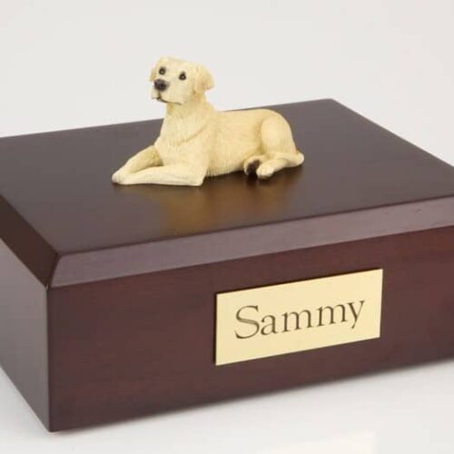 Yellow Lab figurine cremation urn w/wood box