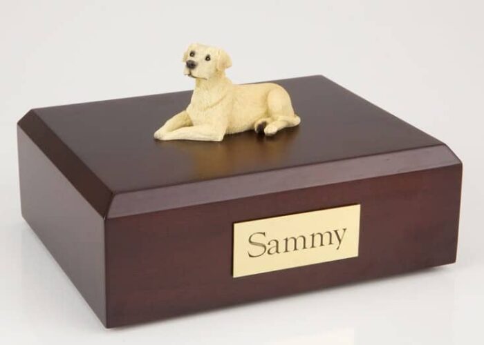 Yellow Lab figurine cremation urn w/wood box