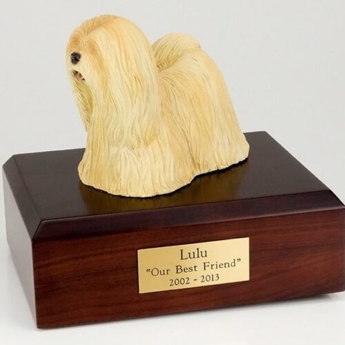 Lhasa Apso figurine cremation urn w/wood box