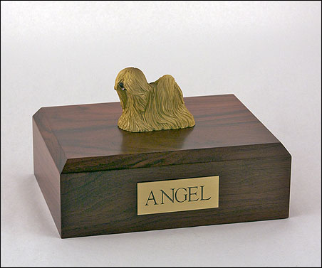 Lhasa Apso figurine cremation urn w/wood box