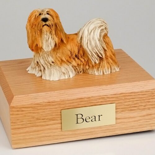 Lhasa Apso figurine cremation urn w/wood box