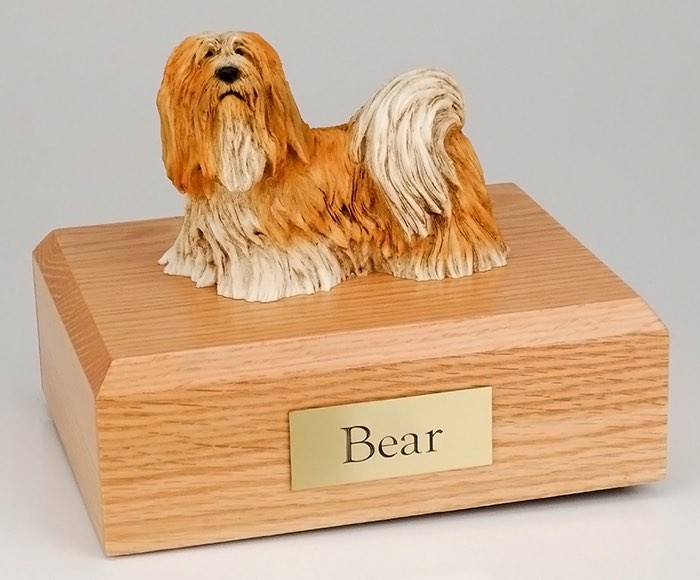 Lhasa Apso figurine cremation urn w/wood box