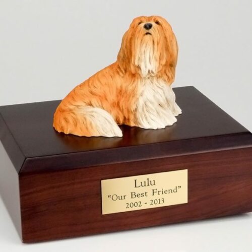 Lhasa Apso figurine cremation urn w/wood box