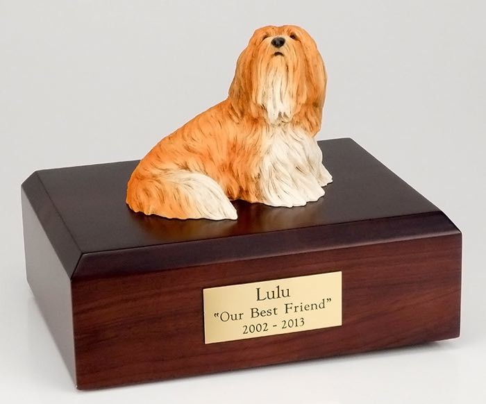 Lhasa Apso figurine cremation urn w/wood box