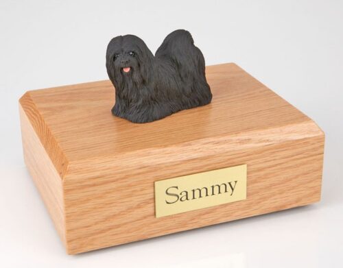 Lhasa Apso figurine cremation urn w/wood box