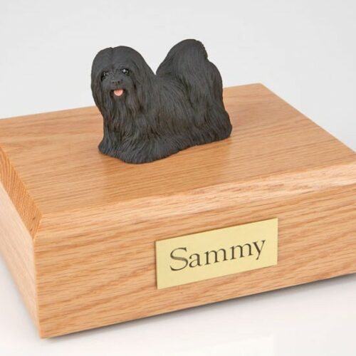 Lhasa Apso figurine cremation urn w/wood box