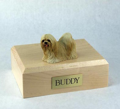 Lhasa Apso figurine cremation urn w/wood box