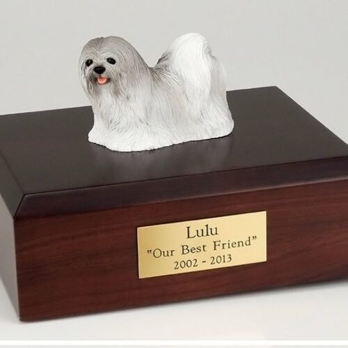 Lhasa Apso figurine cremation urn w/wood box