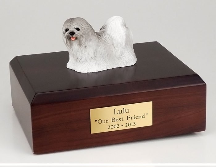 Lhasa Apso figurine cremation urn w/wood box