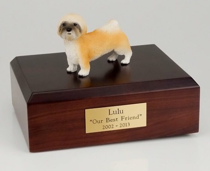 Lhasa Apso figurine cremation urn w/wood box