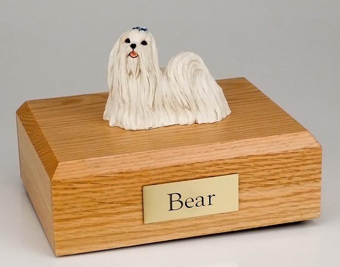 Maltese figurine cremation urn w/wood box