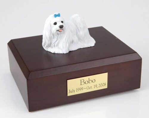 Maltese figurine cremation urn w/wood box