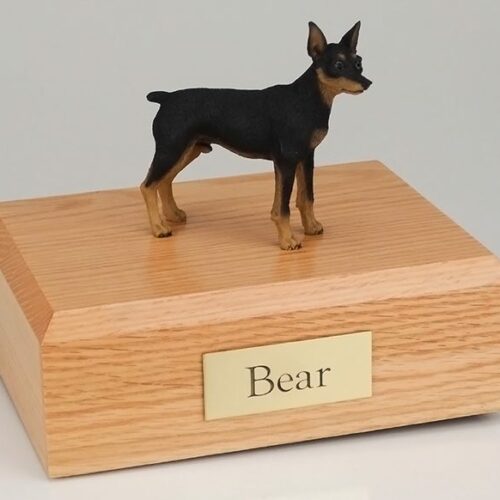 Miniature Pinscher figurine cremation urn w/wood box