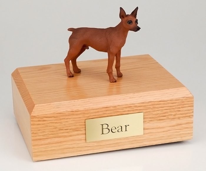 Miniature Pinscher figurine cremation urn w/wood box