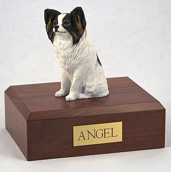 Papillon figurine cremation urn w/wood box