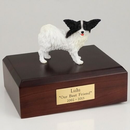 Papillon figurine cremation urn w/wood box