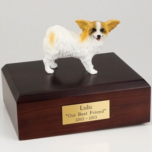 Papillon figurine cremation urn w/wood box