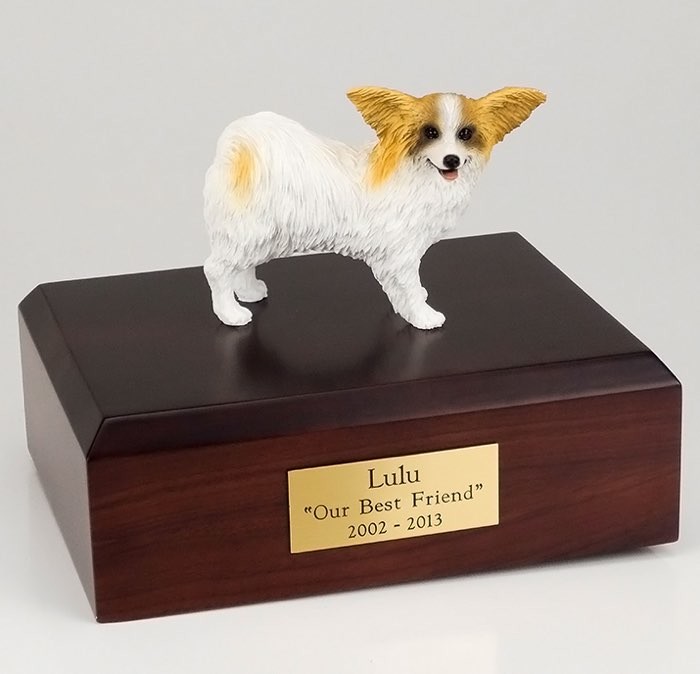 Papillon figurine cremation urn w/wood box