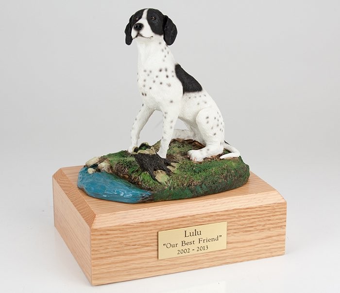 Pointer figurine cremation urn w/wood box