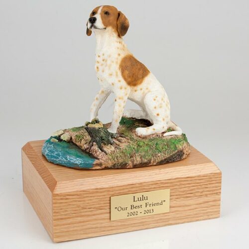 Pointer figurine cremation urn w/wood box