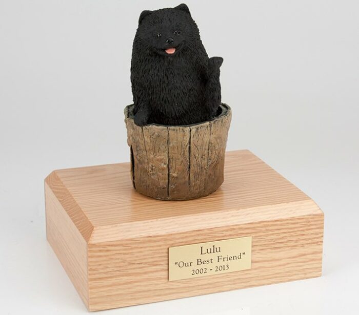 Pomeranian figurine cremation urn w/wood box