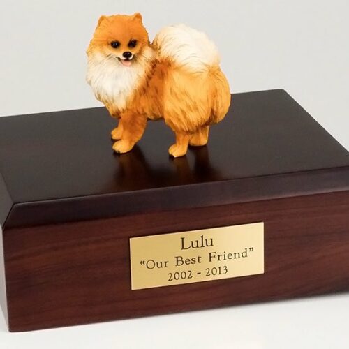 Pomeranian figurine cremation urn w/wood box