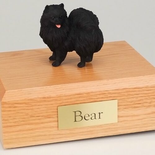 Pomeranian figurine cremation urn w/wood box