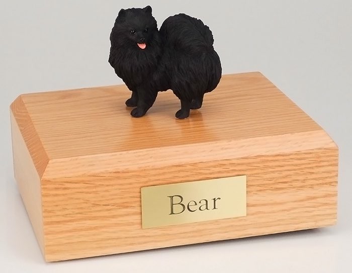 Pomeranian figurine cremation urn w/wood box