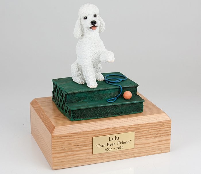 Poodle figurine cremation urn w/wood box