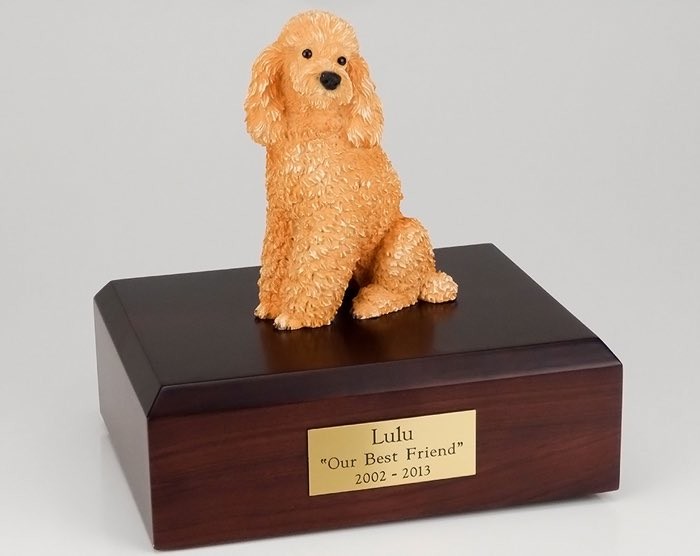 Poodle figurine cremation urn w/wood box