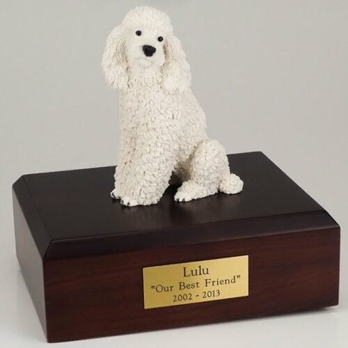 Poodle figurine cremation urn w/wood box