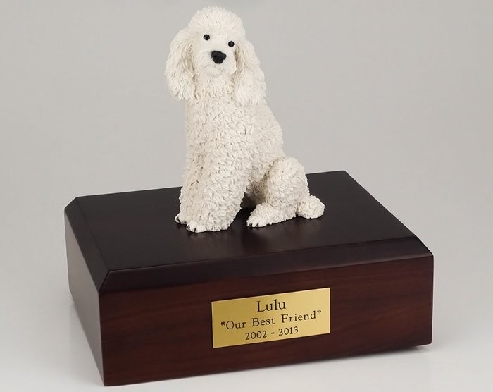 Poodle figurine cremation urn w/wood box