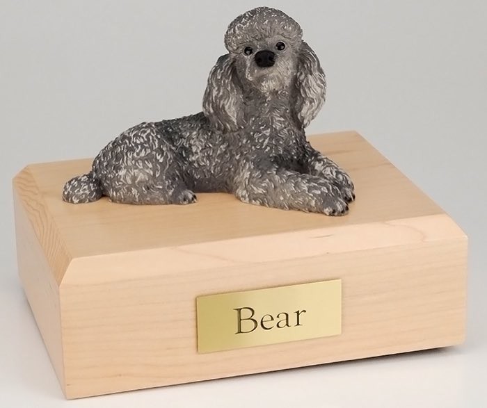 Poodle figurine cremation urn w/wood box