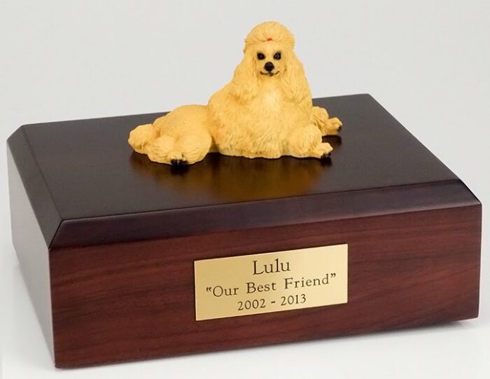 Poodle figurine cremation urn w/wood box