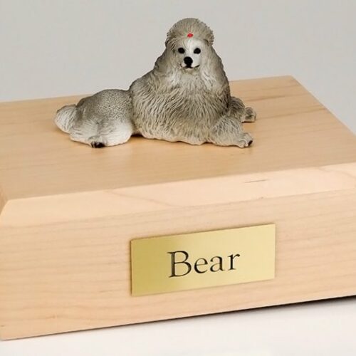 Poodle figurine cremation urn w/wood box